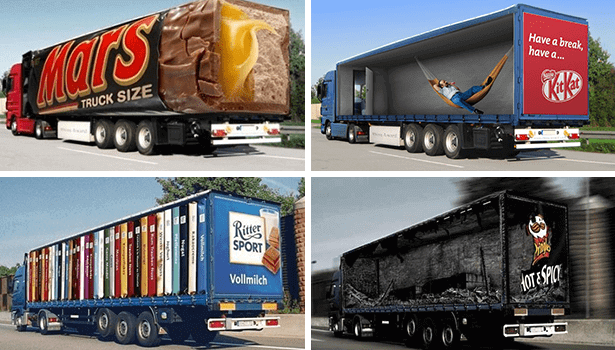 Four truck wraps done by Movia. One for Mars that makes the truck look like a giant chocolate bar, one for Kit Kat that appears to have a man resting in a hammock, one for Ritter Sport showcasing all the options, and one for Pringles Hot and Piocy that looks like the truck has been burned.