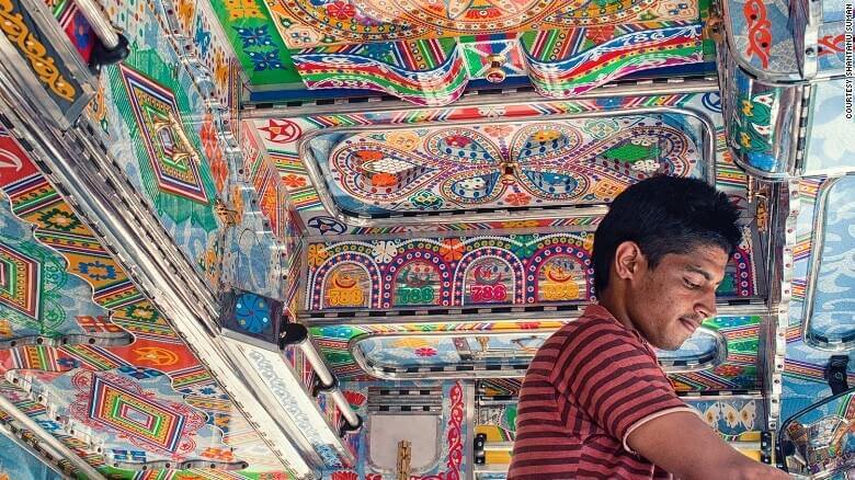 An image of the inside of a very colourfully painted truck. 