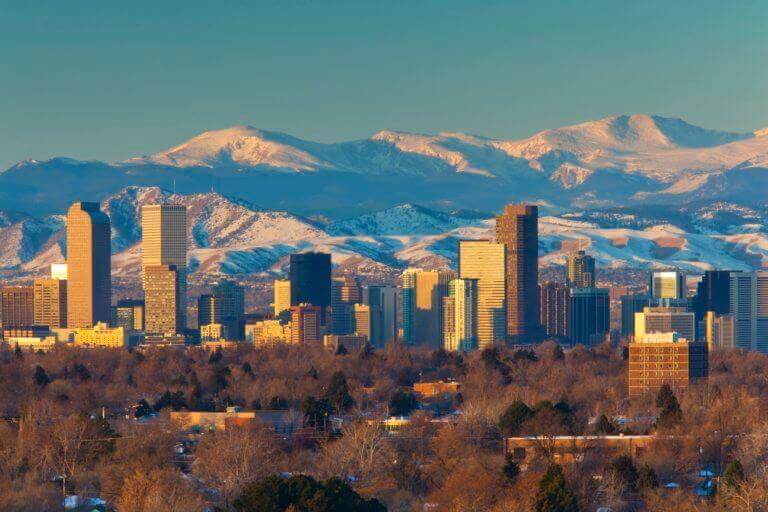 View of Denver with mountains in the background