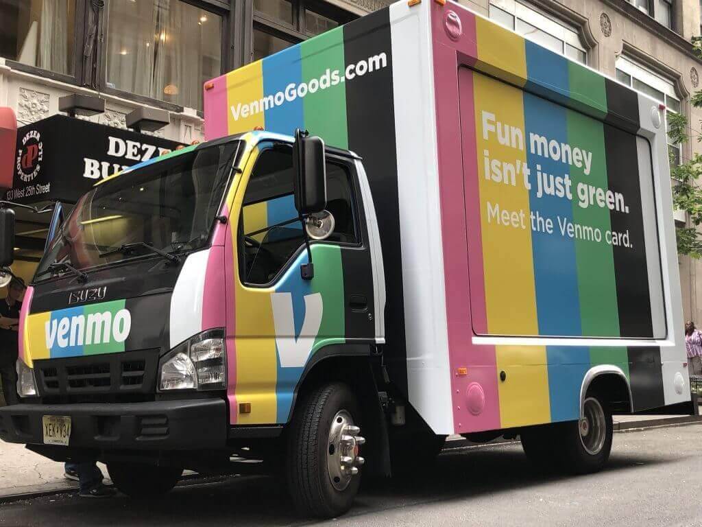 Bright colors on the exterior of the Venmo truck are true to the debit colors they offer