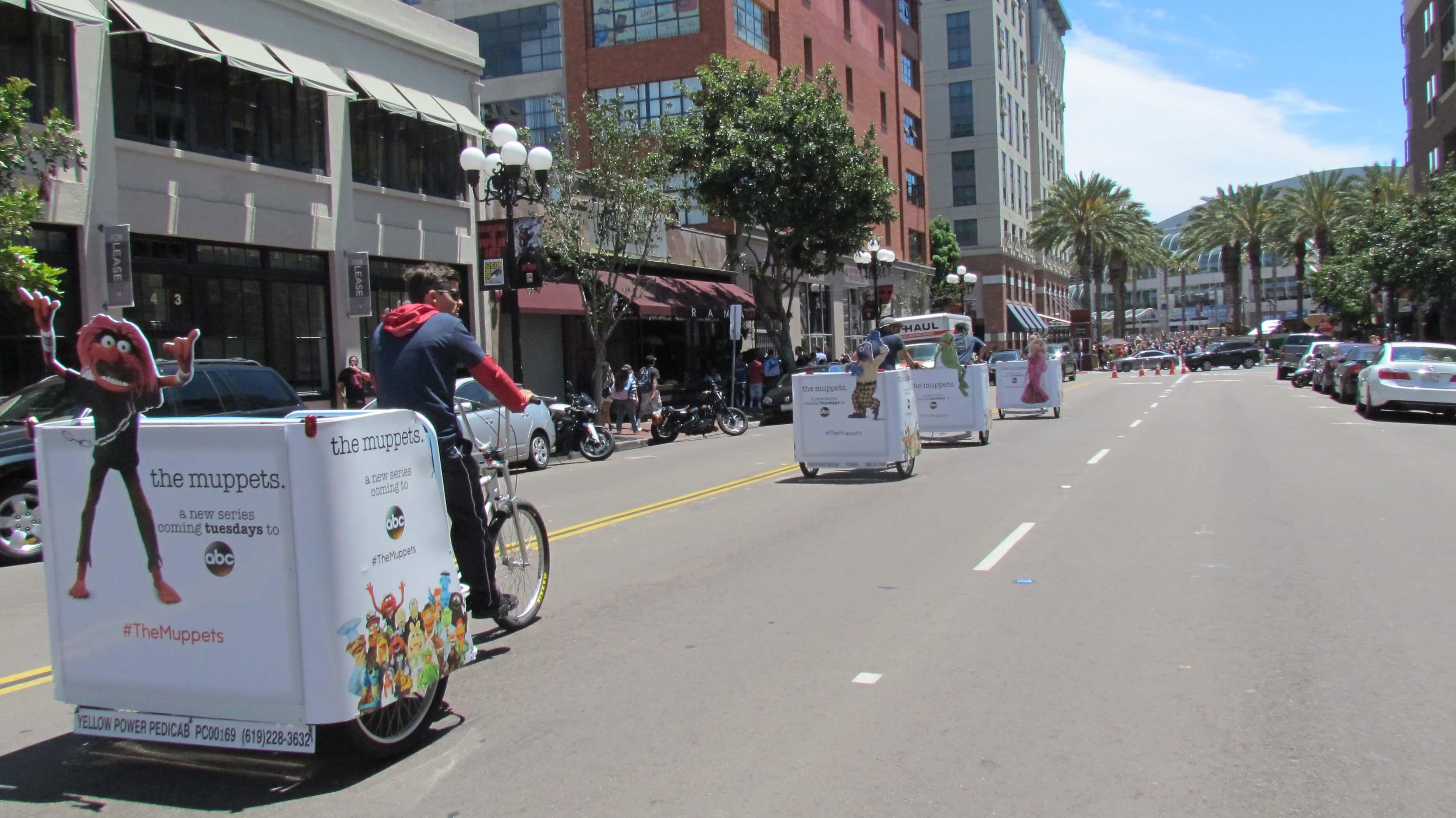 Branded Pedicabs allow tired pedestrians to come along for the advertised ride