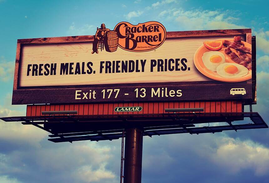 Just 13 miles away, Cracker Barrel promotes their restaurant with a clear billboard