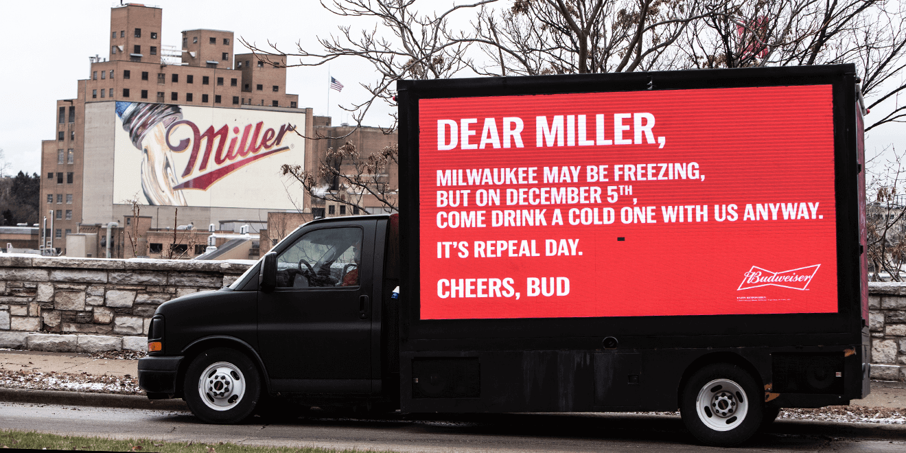 Red and White Dear Miller Budweiser Truck-side Ad