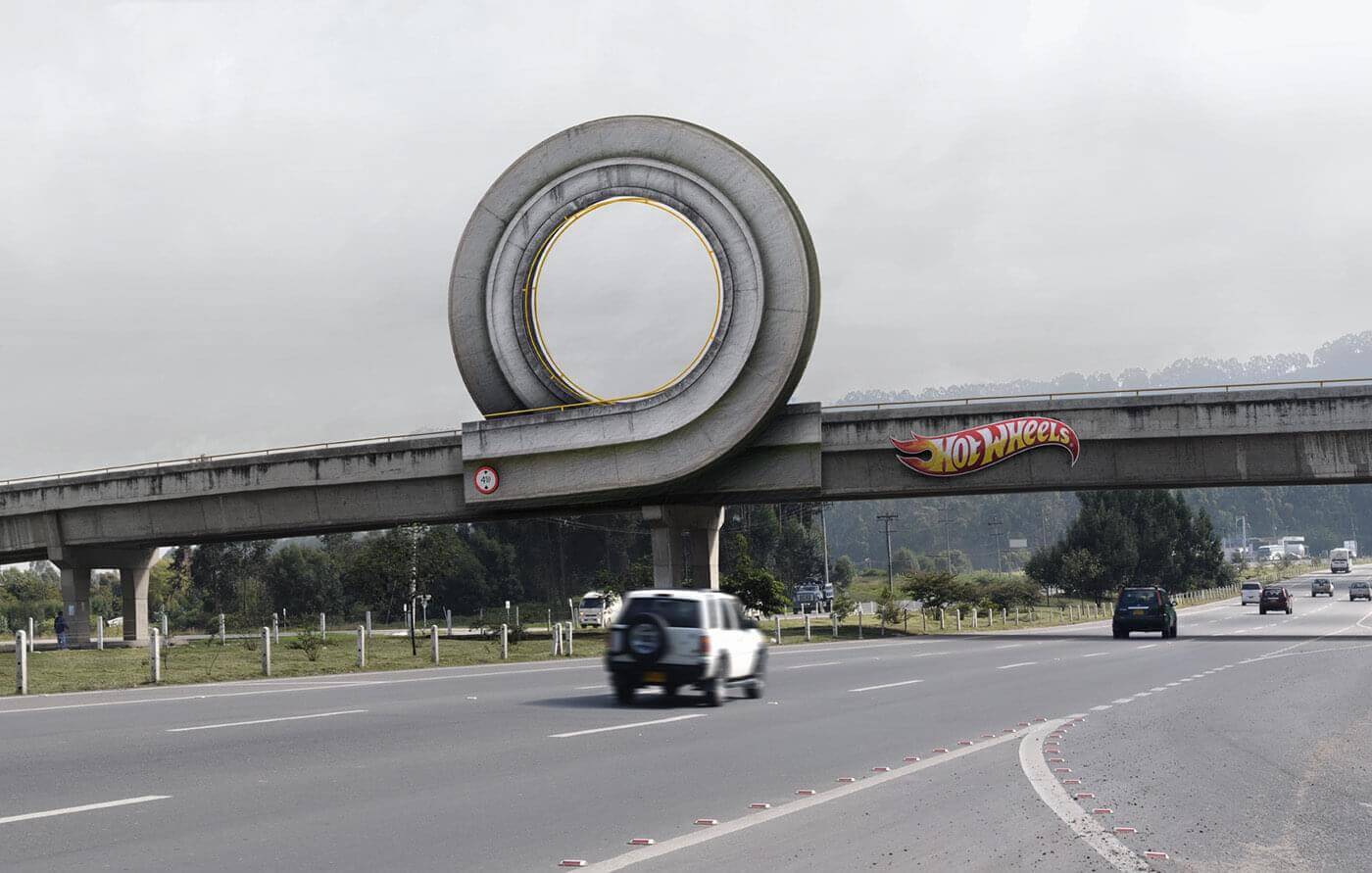 A loop-de-loop addition to an ordinary highway expresses new imaginations for the Hot Wheels brand