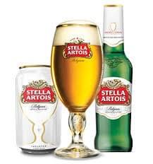 Stella Artois can, glass, and beer bottle beside eachother.