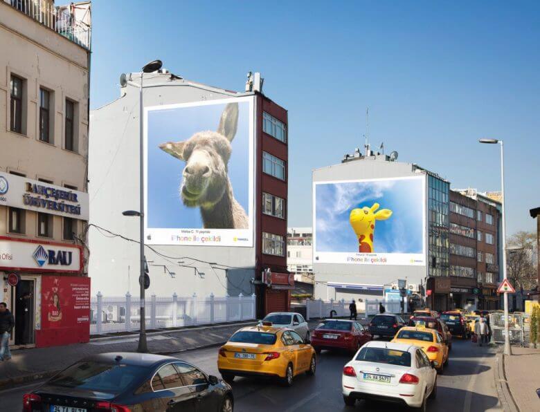 An image of two Apple ads on the sides of buildings. One is a picture of a giraffe, the other is a blow up doll of a giraffe. 