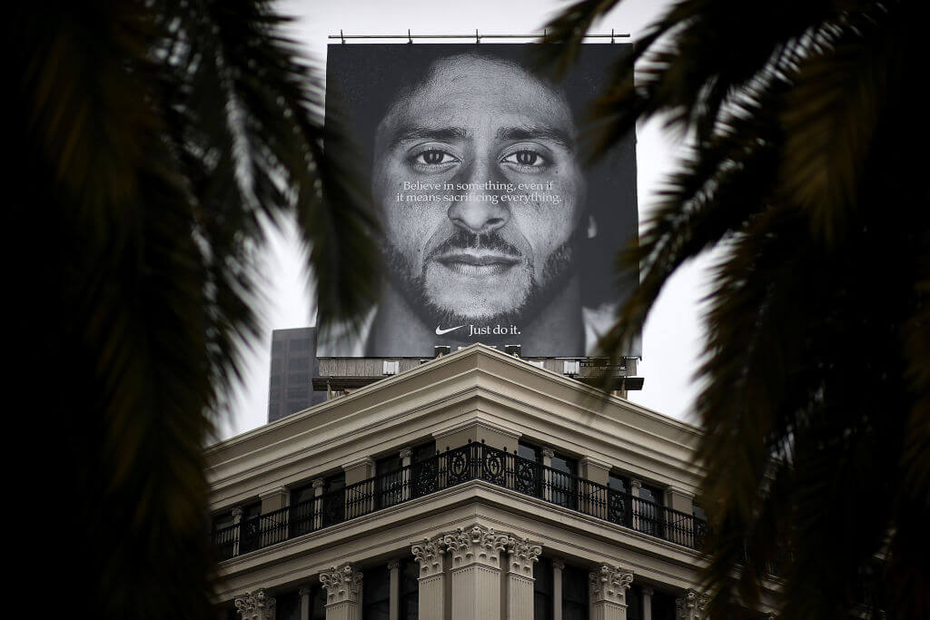 A Nike ad with Colin Kaepernick against racial inequality.
