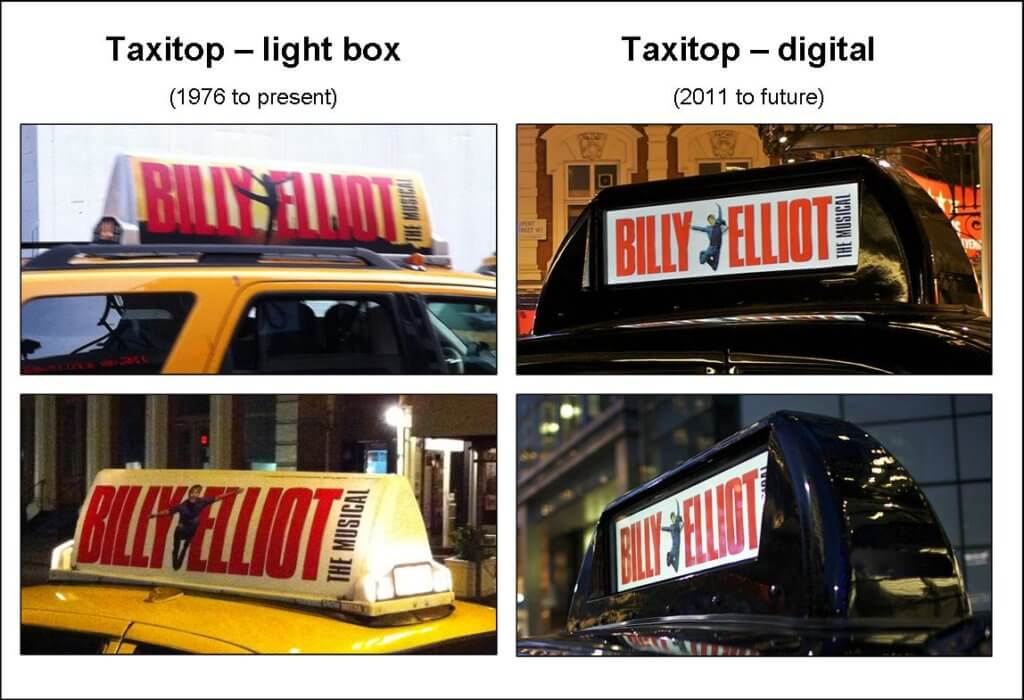 Taxitop ads in 1976 in comparison to Taxitop ads in present day.