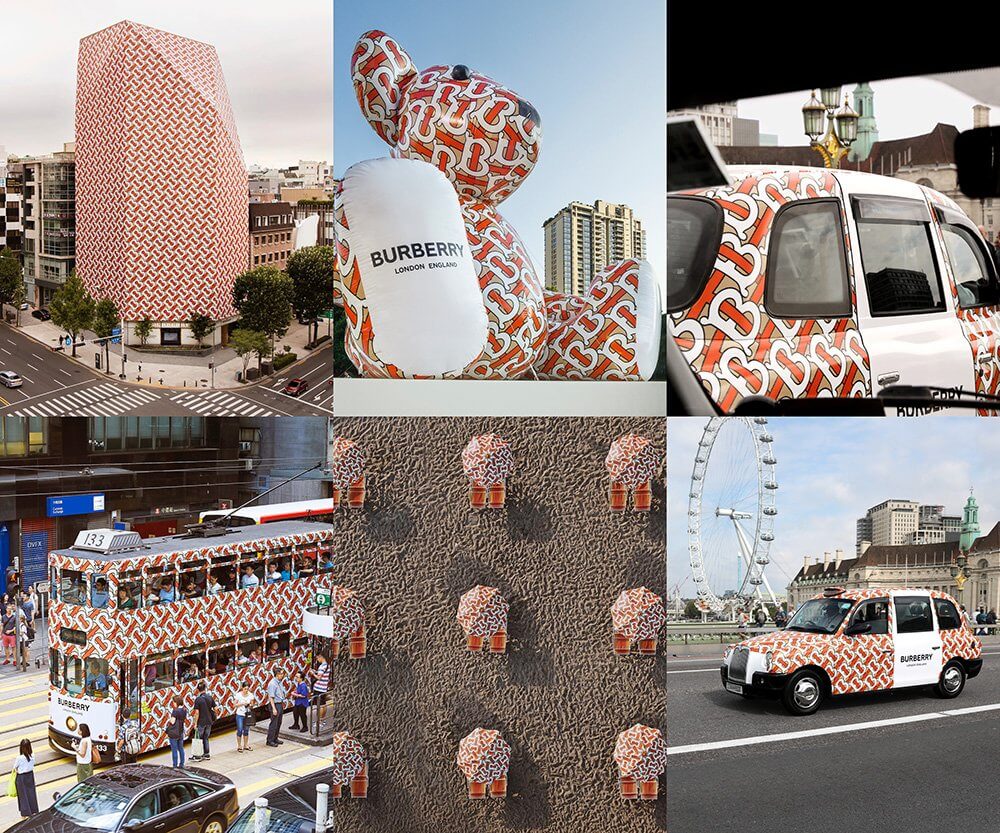 6 different images of Burberry's new monogram. It shows the monogram on a building, a massive teddy bear, a car, a tram, and beach umbrellas.