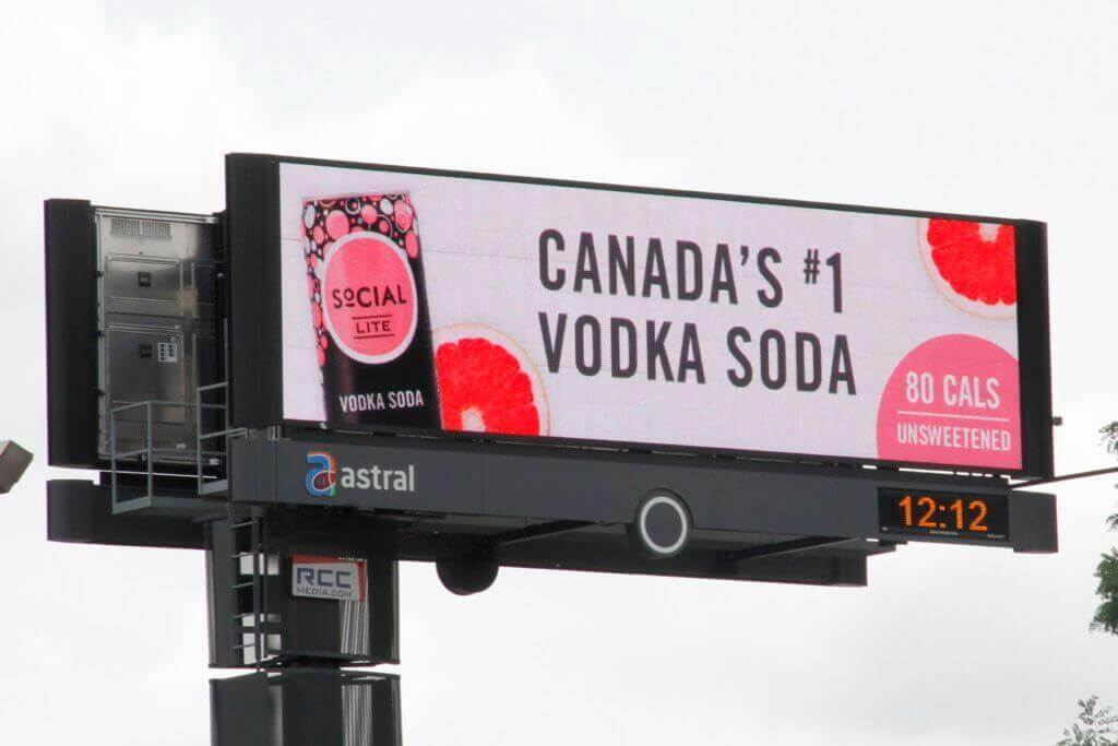 An image of a billboard that has an ad for Social Lite Vodka Soda's. The headline reads, "Canada's #1 Vodka Soda". 