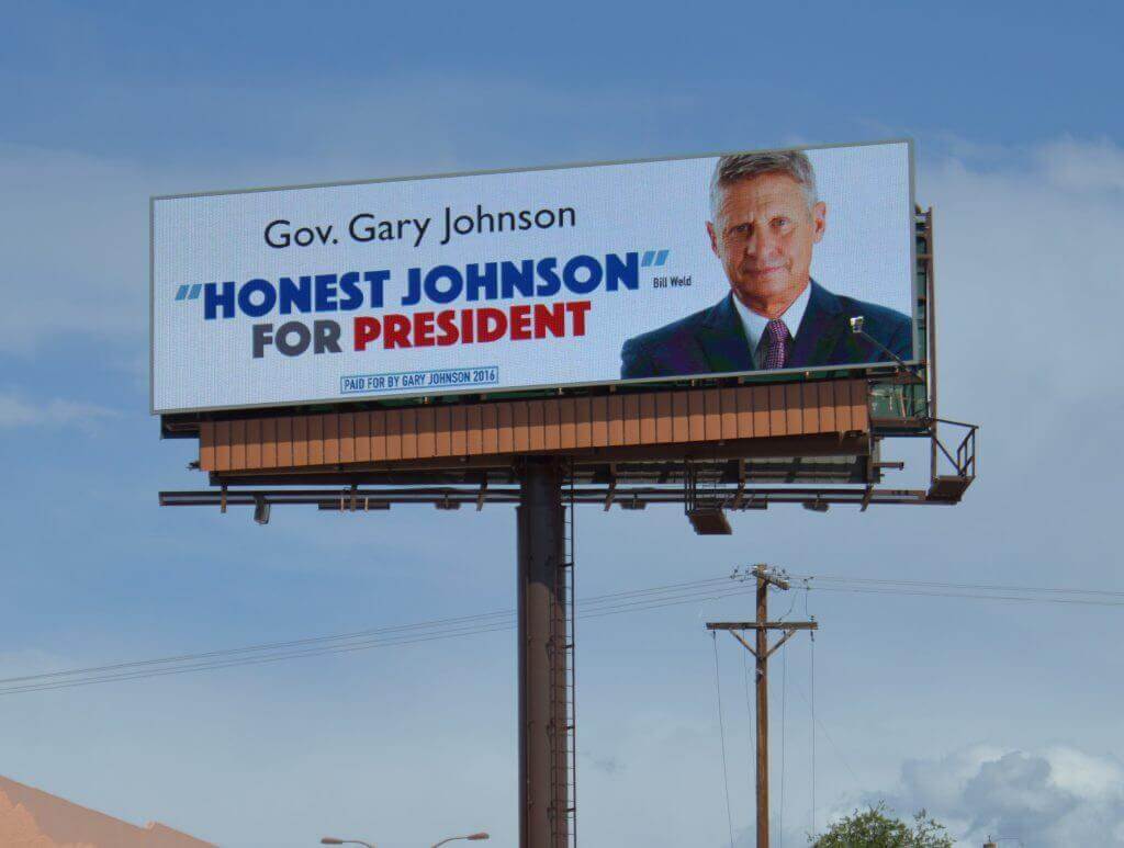 An image of a billboard with Gary Johnson on it that reads, "Gov. Gary Johnson 'honest Johnson' for president". 