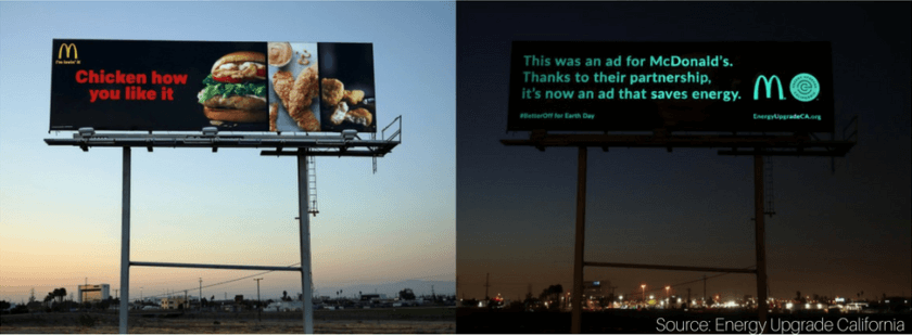 A McDonald's billboard transformed in the night to a glow in the dark, to save energy.