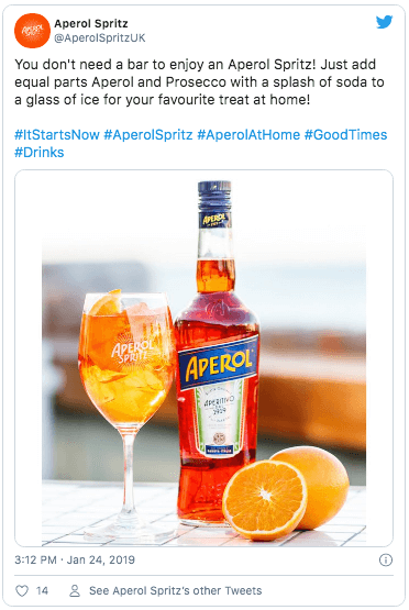 An image of a twitter post made by Aperol Spritz. The post is promoting the Aperol drink and says that it can be enjoyed at home.