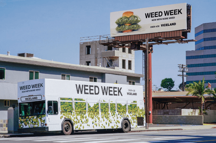 An image of a bus ad and a billboard ad for Viceland. They are promoting Weed Week. Both have weed spilling out of them.