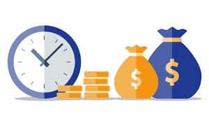 Clip art of time, coins, and money bags.