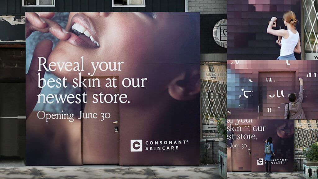 Four different images of a Consonant Skincare ad. The ad encourages passersby to pull off a sticky note to reveal a woman with clear skin underneath.