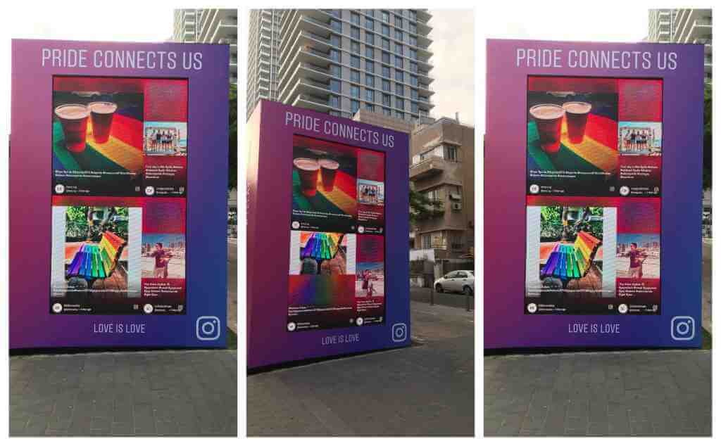Three images of a DOOH billboard ad by Facebook that displays various posts that people have made about Pride Week.