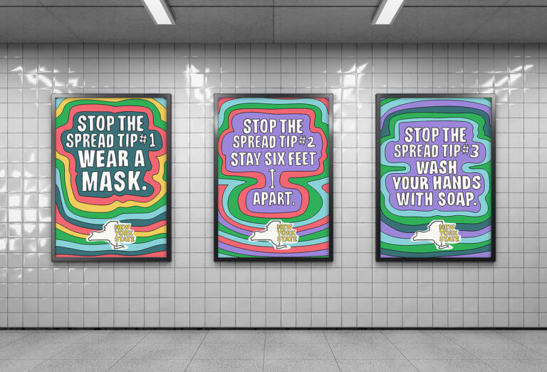 Three colorful images in a subway station with tips on how to stop the Covid spread.