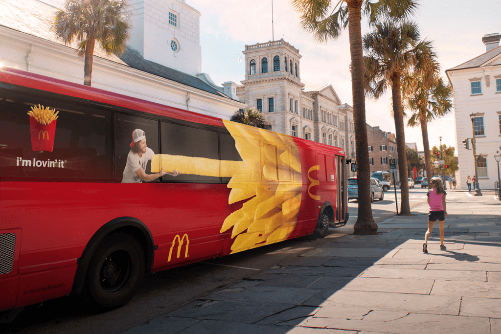 Macdonald's bus ad that is advertising its fries. 