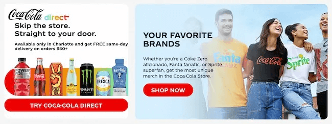 Coca-Cola Brand's different product offerings are shown. The ad reads 'Skip the store. Straight to your door.'