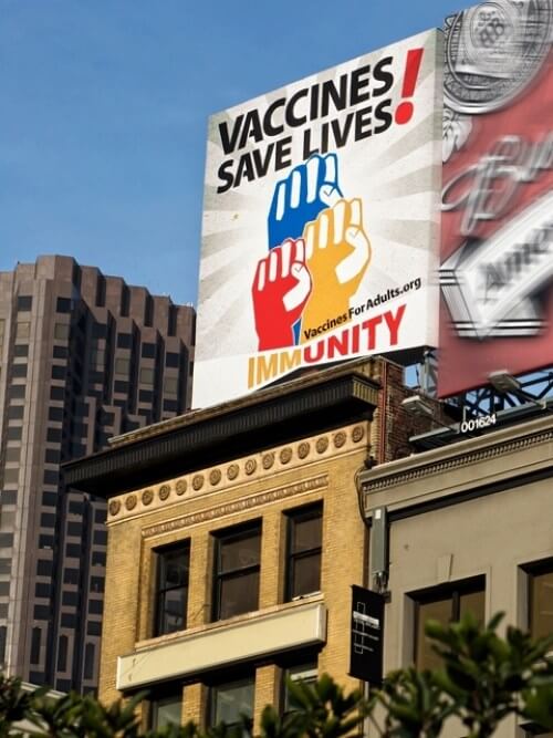 Vaccine saves lives billboards advocating the importance of immunity.