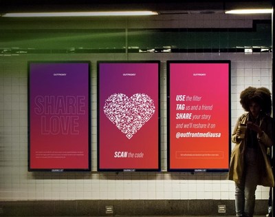 An image of a collection of three DOOH ads that encourage people to scan the QR code in the shape of a heart.