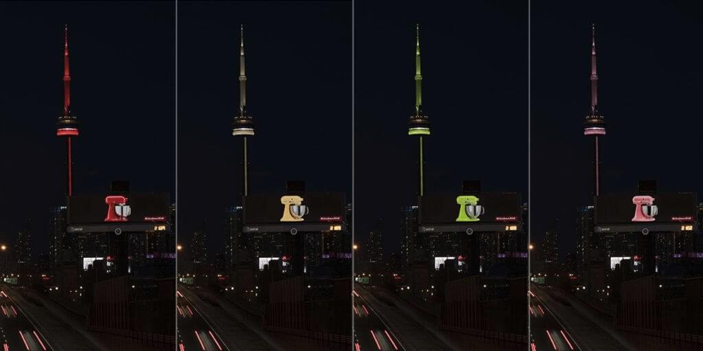 4 images side by side showing the KitchenAid mixer and CN Tower matching in red, yellow, green, and pink.