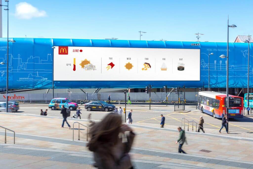 Image of McDonald's OOH billboard showing the weekly UK weather forecast with McDonald's food items.