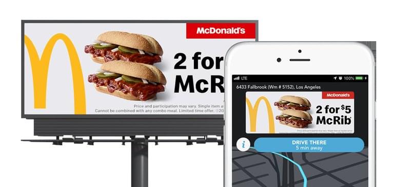 Billboard advertisement of McDonald's 2 for $5 McRibs with corresponding mobile advertisement on Waze app.