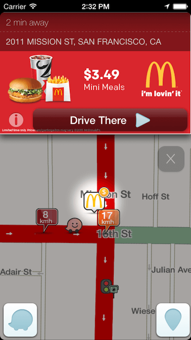 McDonald's advertisement in the Waze app giving directions to the user's nearest restaurant.