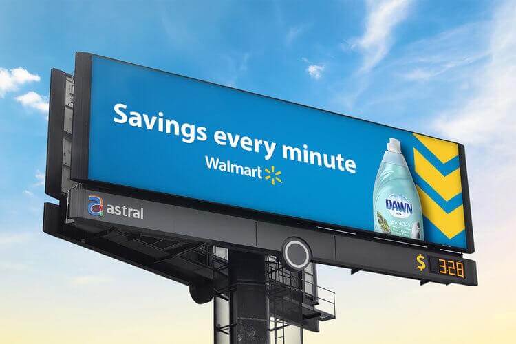 Billboard advertisement for Walmart that says "Savings every minute" and features Dawn's dish soap.