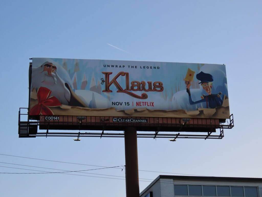 Image of billboard advertising Netflix's first original animated film, Klaus.