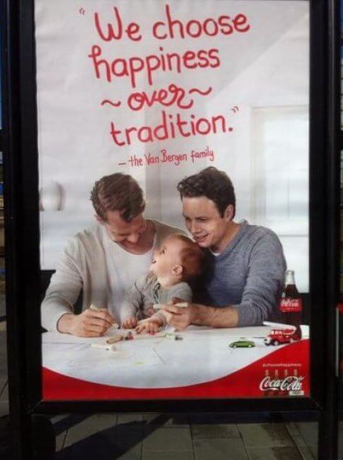 Coca-Cola Ooh ad for the "choose Happiness" Campaign displaying a happy LGBTQ family.