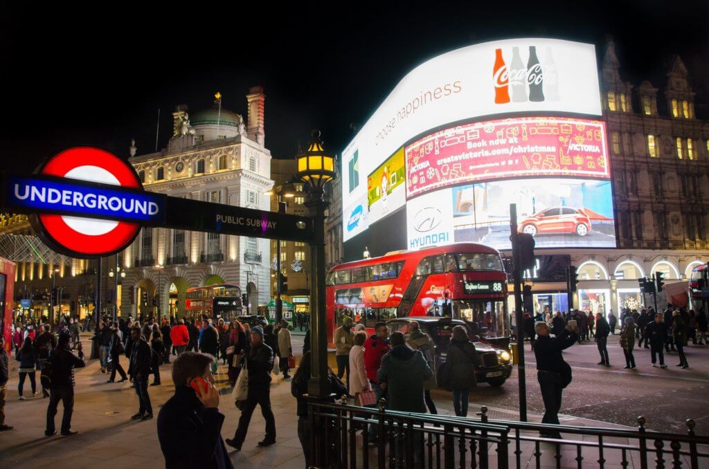 Billboard advertising in London at night