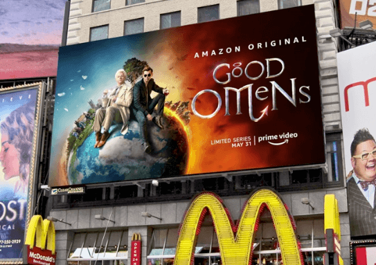 Amazon billboard in Times Square advertising new Amazon Prime Video original series, Good Omens