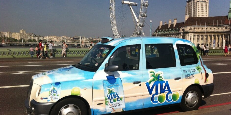 Vita Coco Campaign using fully wrapped vehicle advertising in London.