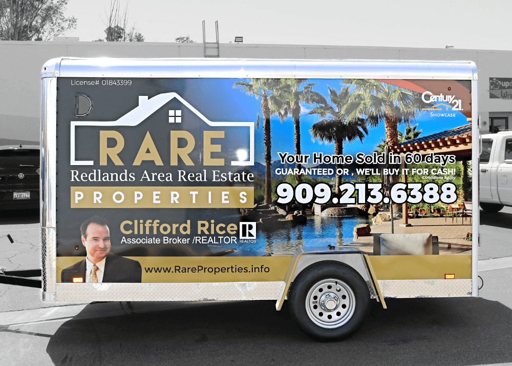 Picture of truckside advertisement advertising RARE Redlands Area Real Estate Properties Realtor, Clifford Rice. Ad Reads "Your Home Sold in 60 Days Guaranteed or we'll buy it for cash!".
