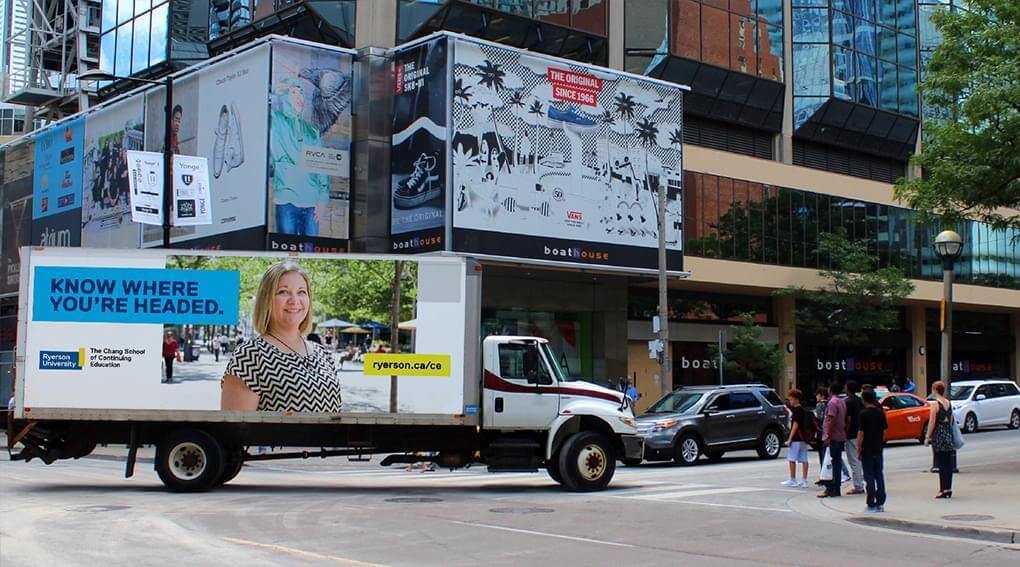 Image of Ryerson University's mobile billboard advertisement. The ad reads "Know where you're headed."