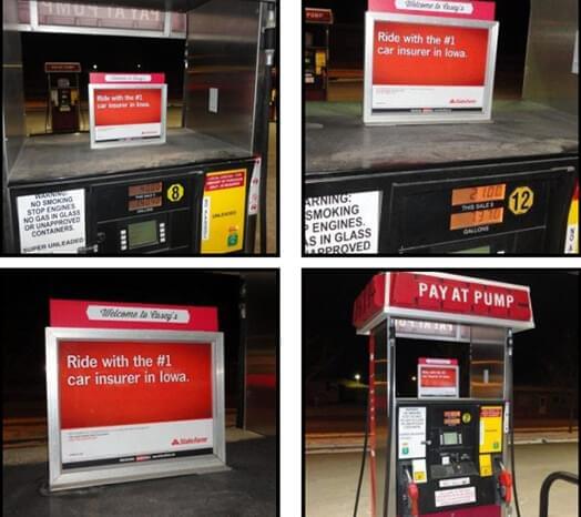 Picture of State Farm place-based OOH ads at the gas station. Ads read, "Ride with the #1 car insurer in Iowa."
