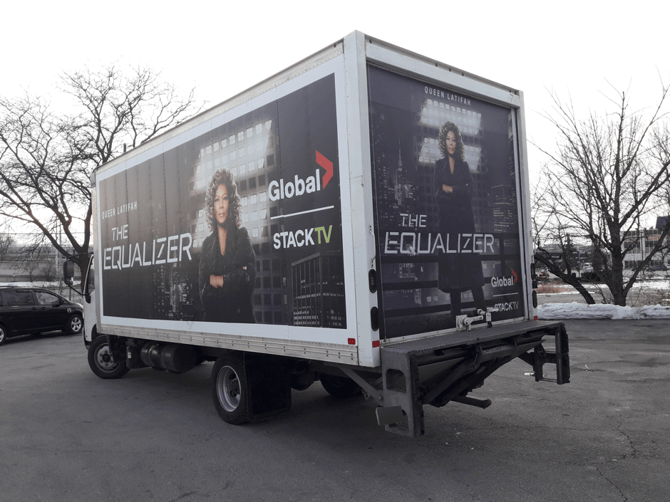Movia's truck-side ad and Global Stack Tv's series campaign promoting, "The Equilizer" series.