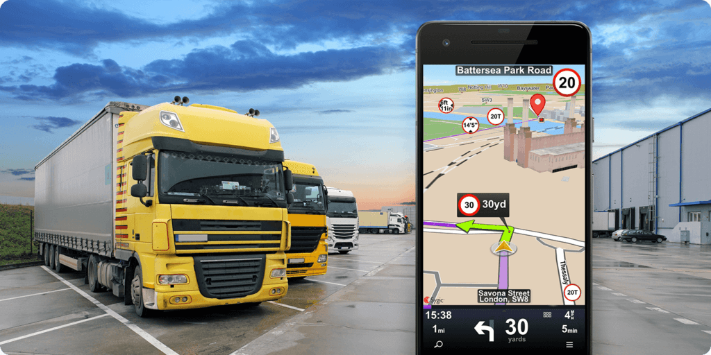 Image of trucks next to cellphone showing location of truck on a navigation app.