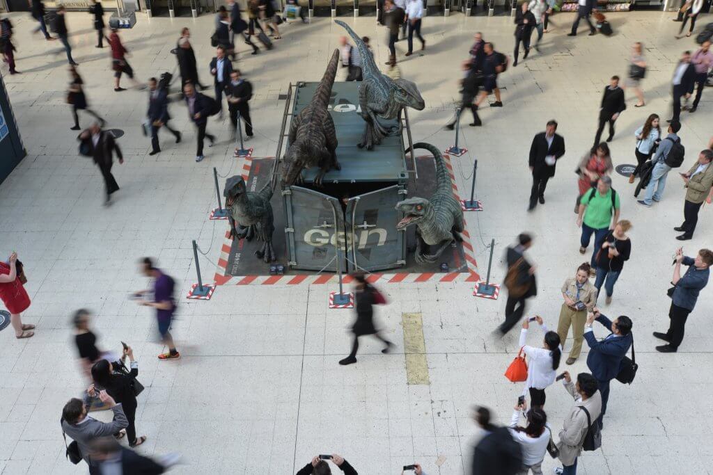 Universal Pictures' Jurassic World's OOH Campaign in Waterloo Station in the UK.