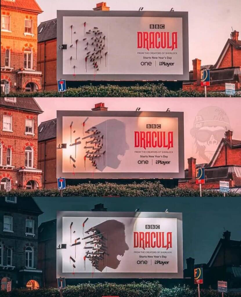 An image of three of the same billboard for the new show on BBC called Dracula just at different times of the day. 