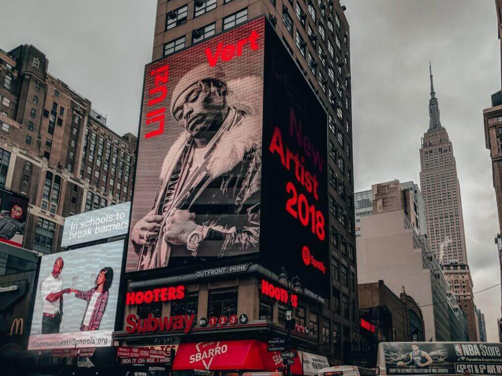 Billboard in Manhattan that's displaying artist Lil Uzi. 